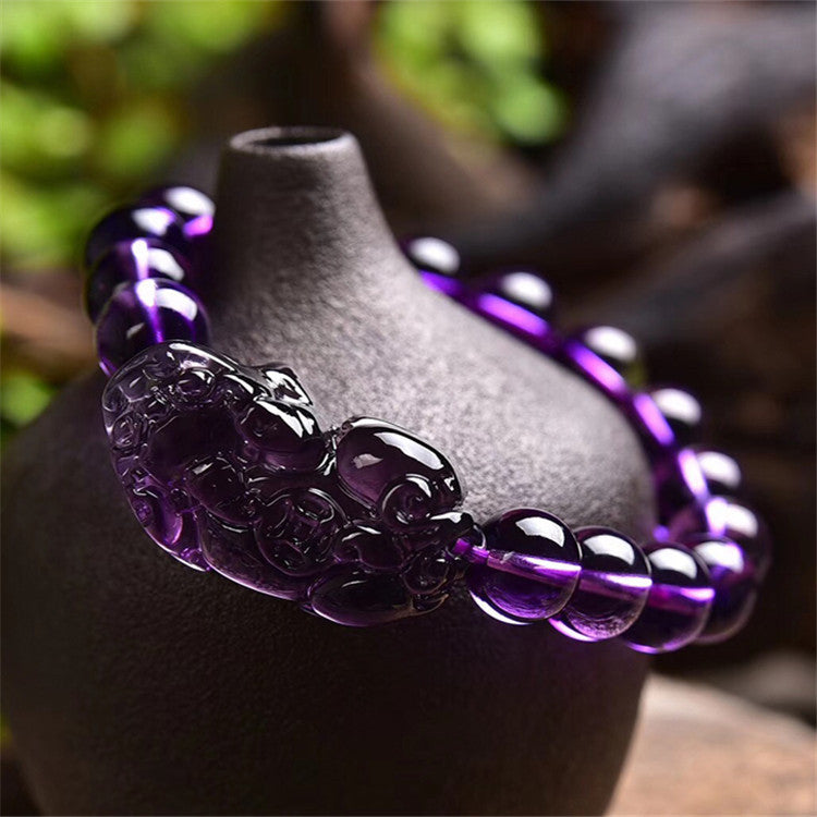 Amethyst Money Pixiu Round Bead Bracelet